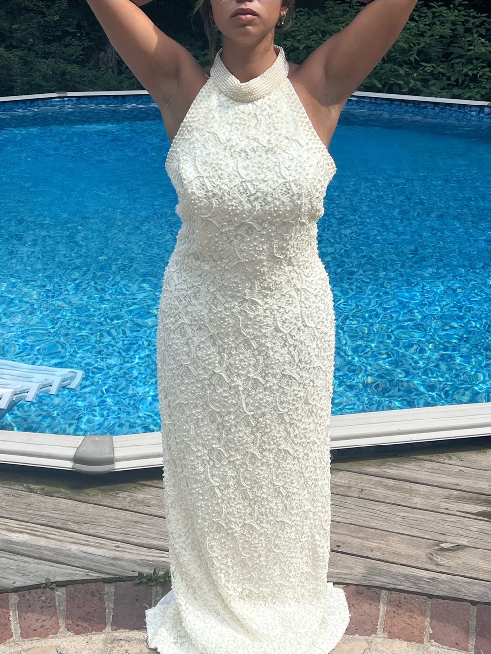David's Bridal Ivory Beaded Halter Maxi Dress